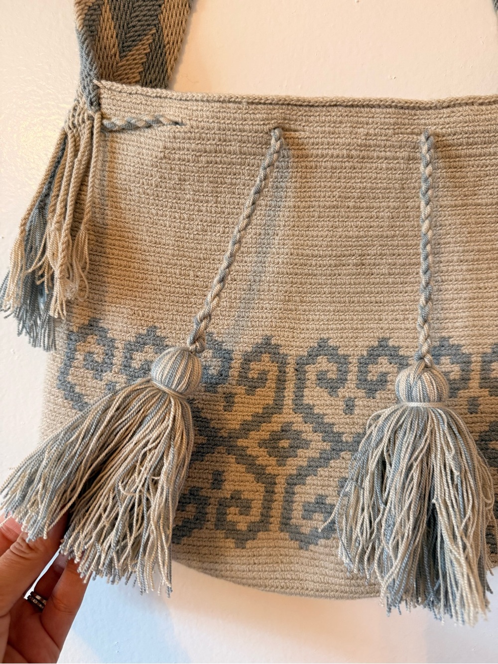 Handwoven Cream and Light Blue Tassel Purse